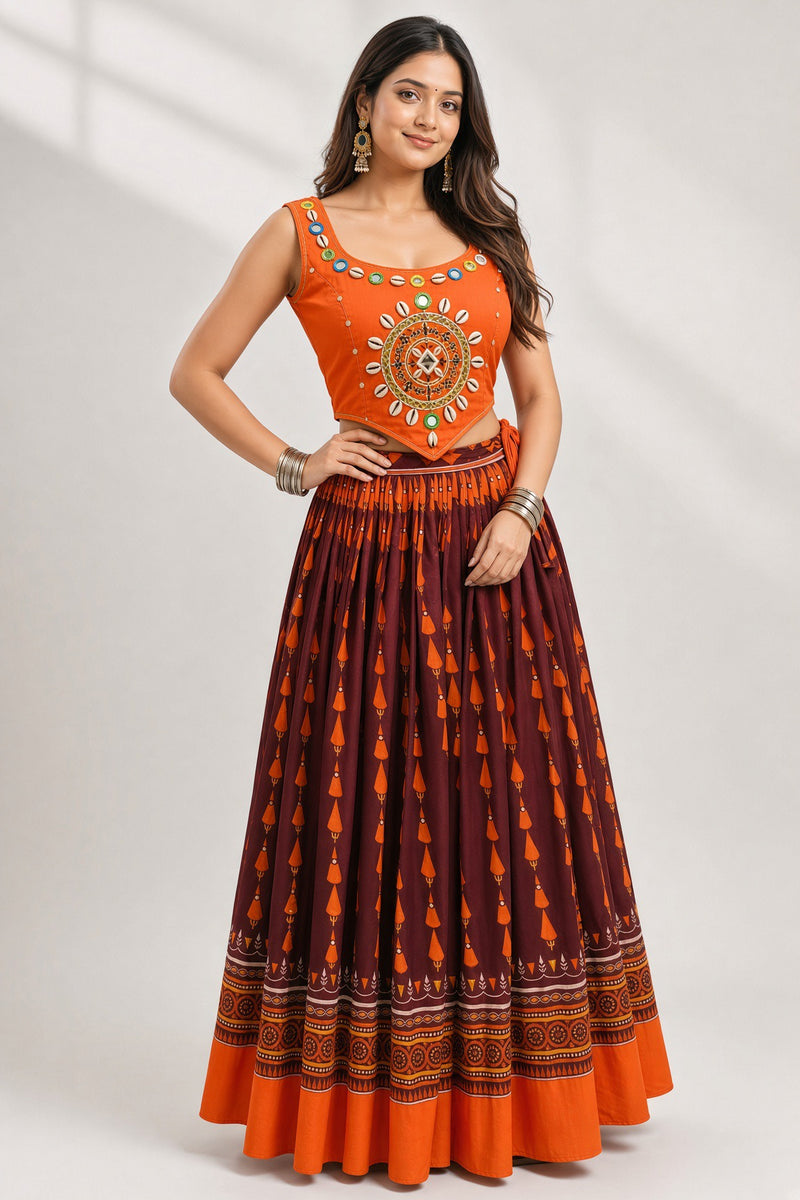 Orange Kodi Mirror Work Blouse with Maroon Skirt
