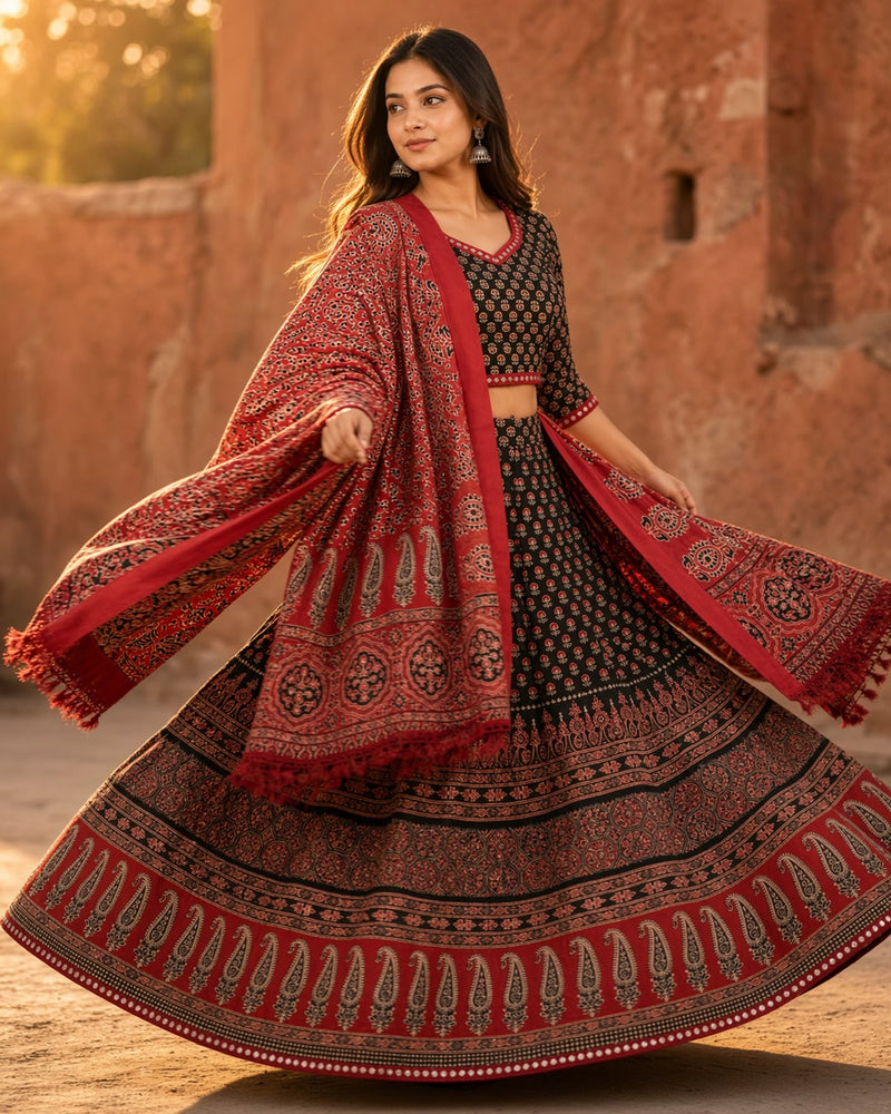Red & Black Ajrakh Print Lehenga Set