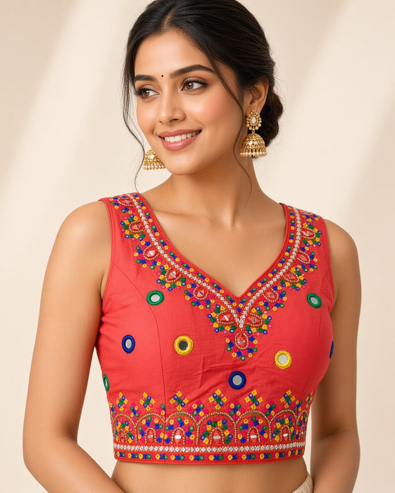 Red Embroidered Sleeveless Blouse