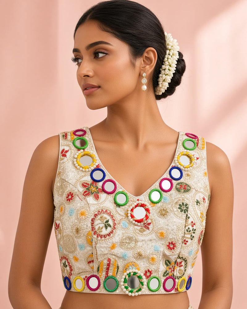 Ivory Mirror Work Sleeveless Blouse