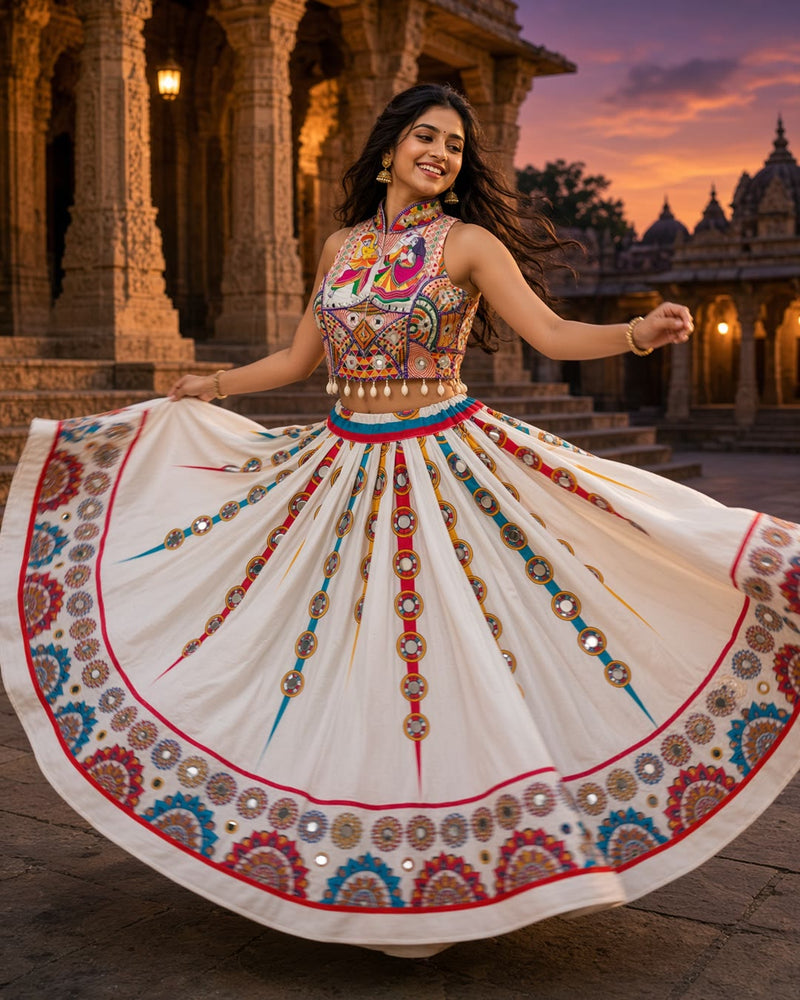 White Printed Chaniya Choli with Radha-Krishna Halter Blouse