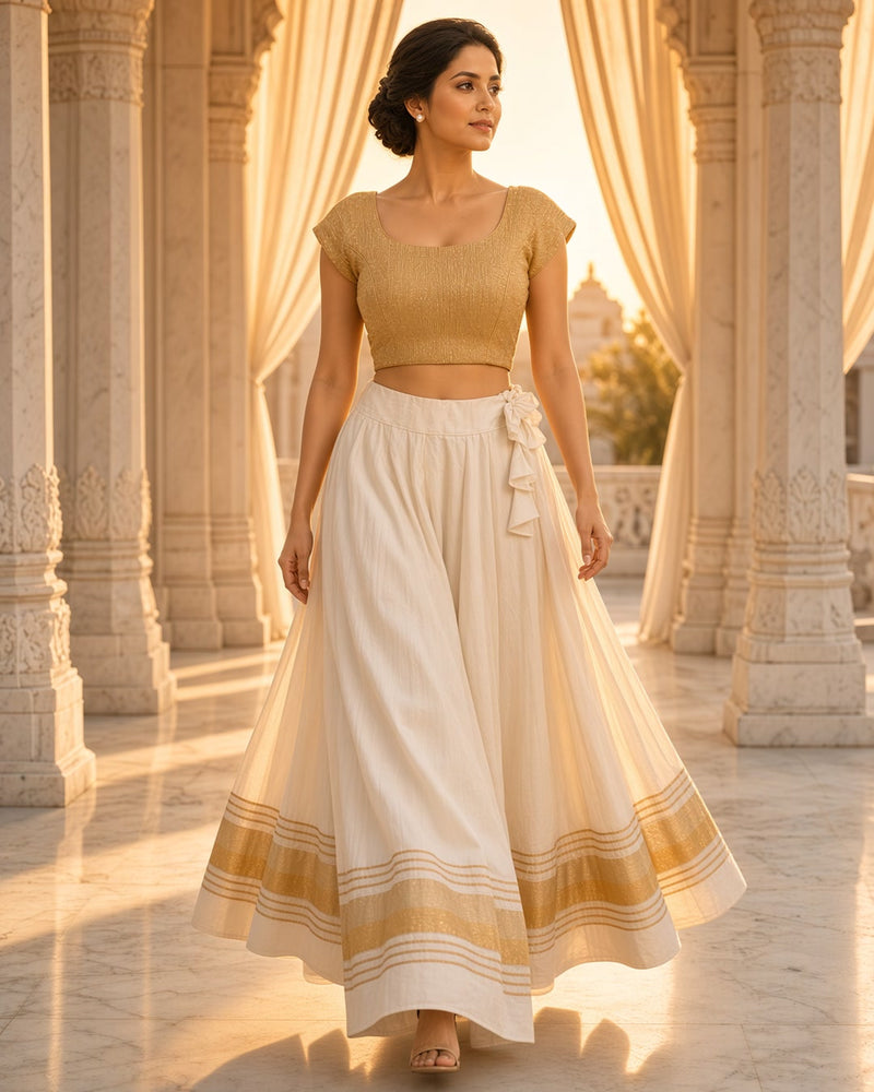 Gold Blouse with White Gota Border Skirt