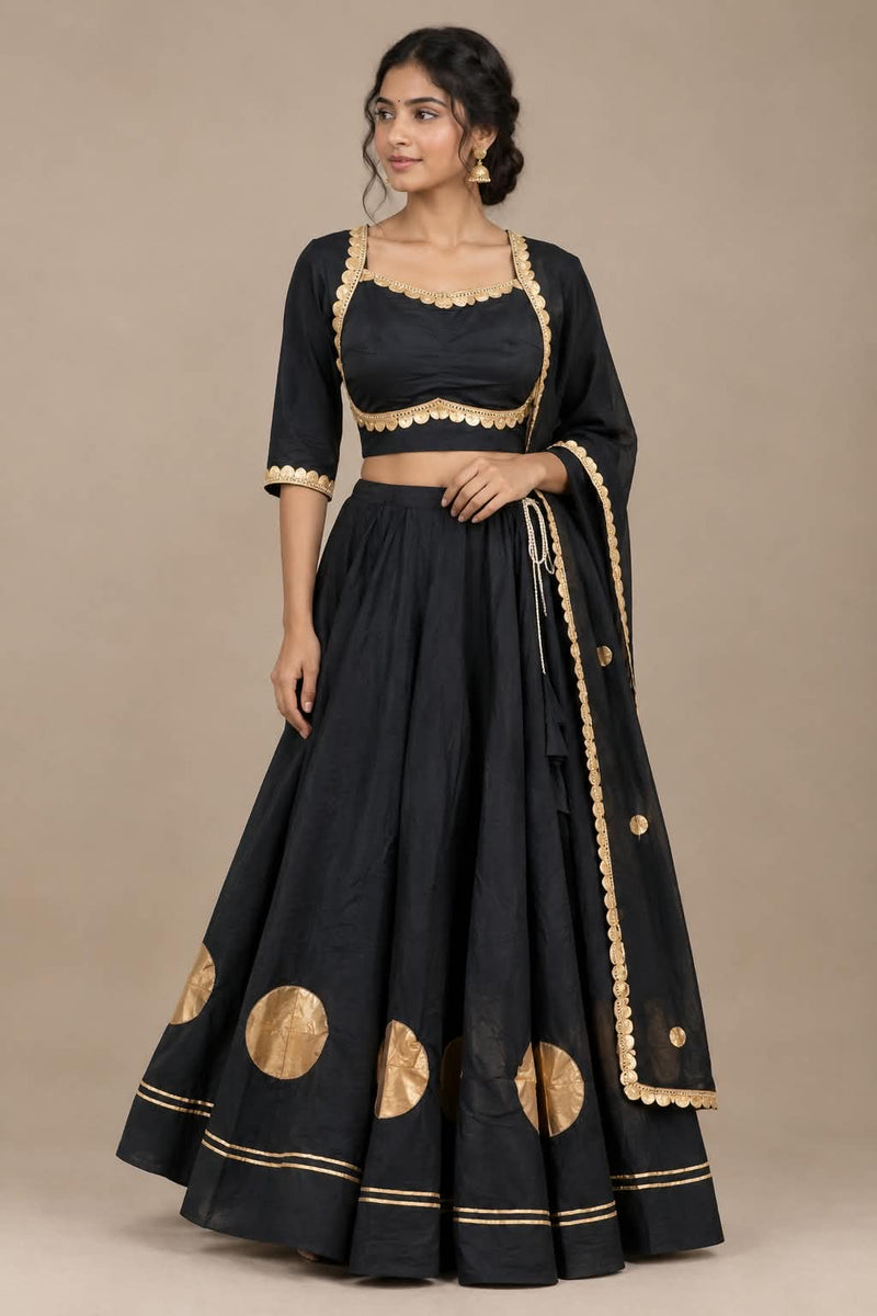 Black Lehenga with Gold Circle Appliqué
