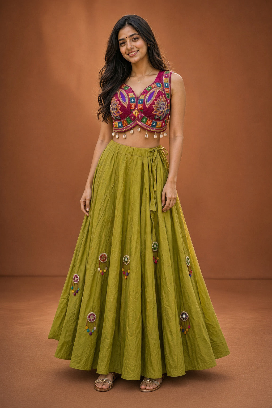 Olive Lehenga with Maroon Embroidered Choli