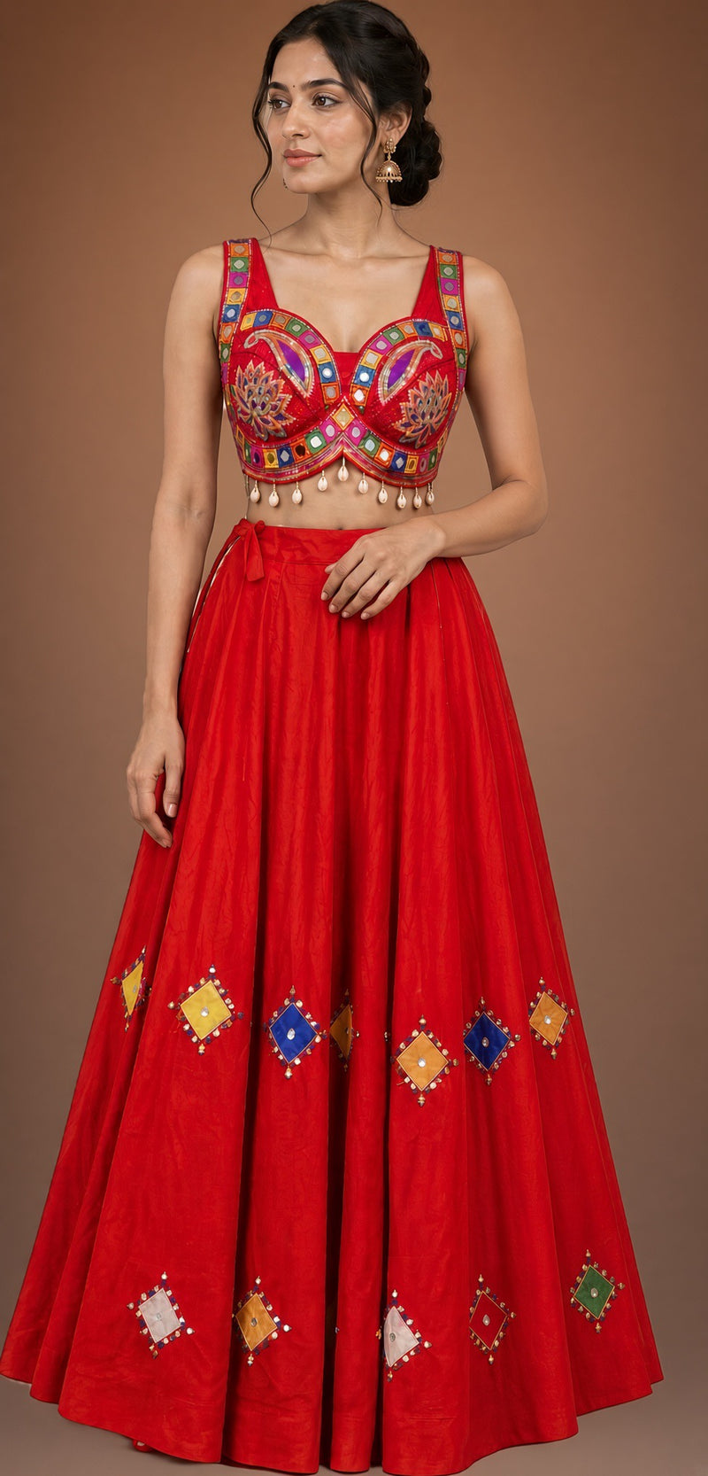 Red Mirror Work Lehenga with Embroidered Choli