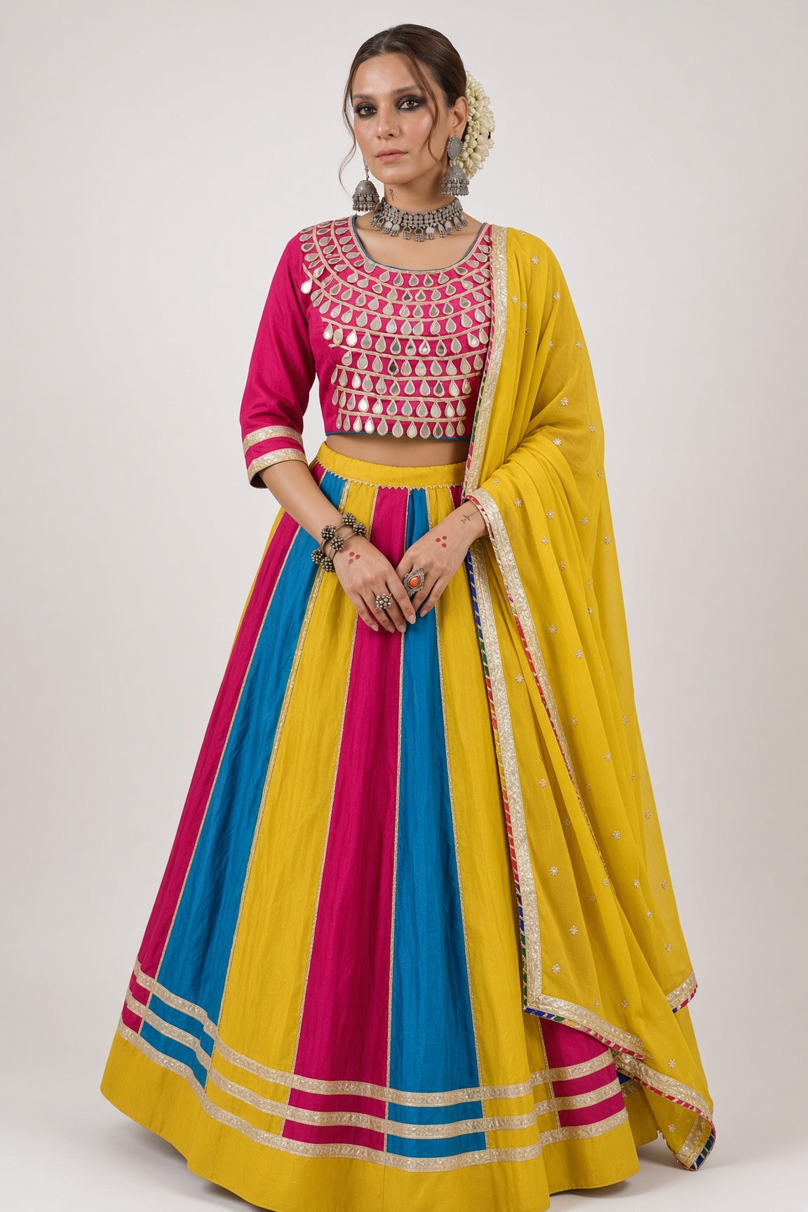 Pink Mirror Blouse with Multicolour Panel Lehenga