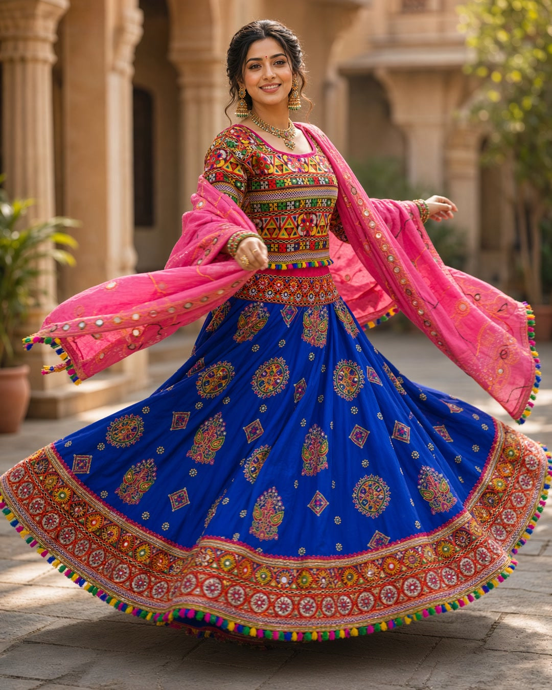 Royal Blue Kutch Work Chaniya Choli with Pink Dupatta