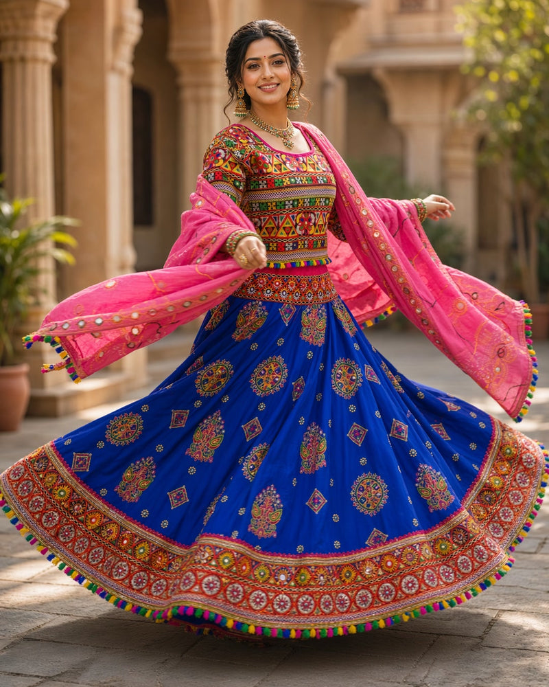 Royal Blue Kutch Work Chaniya Choli with Pink Dupatta