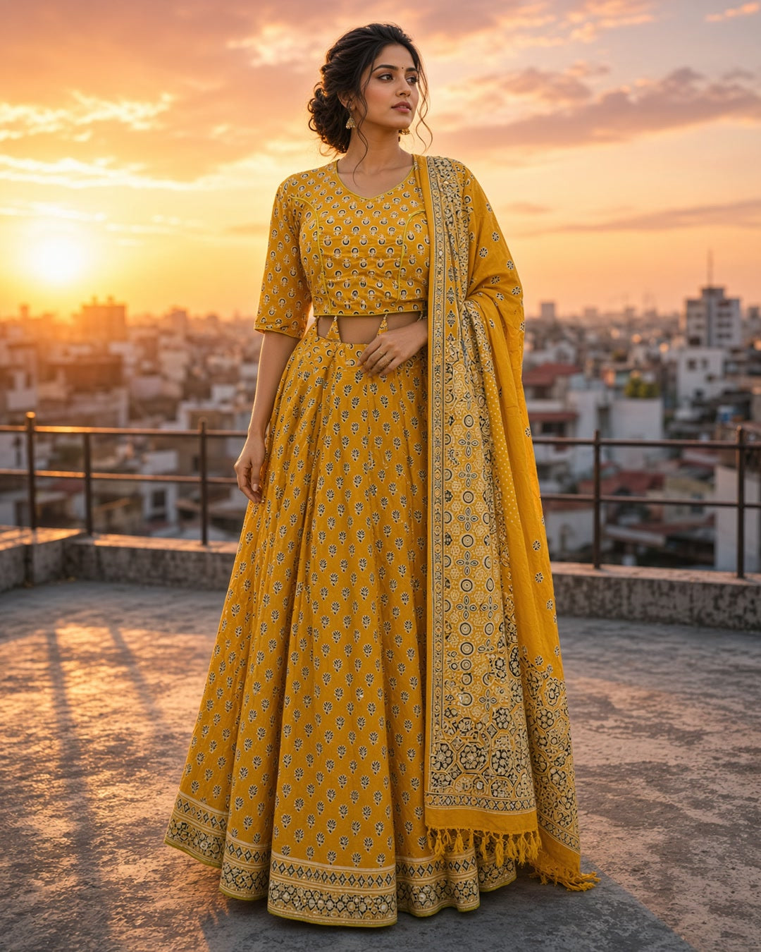 Mustard Ajrakh Print Lehenga Set