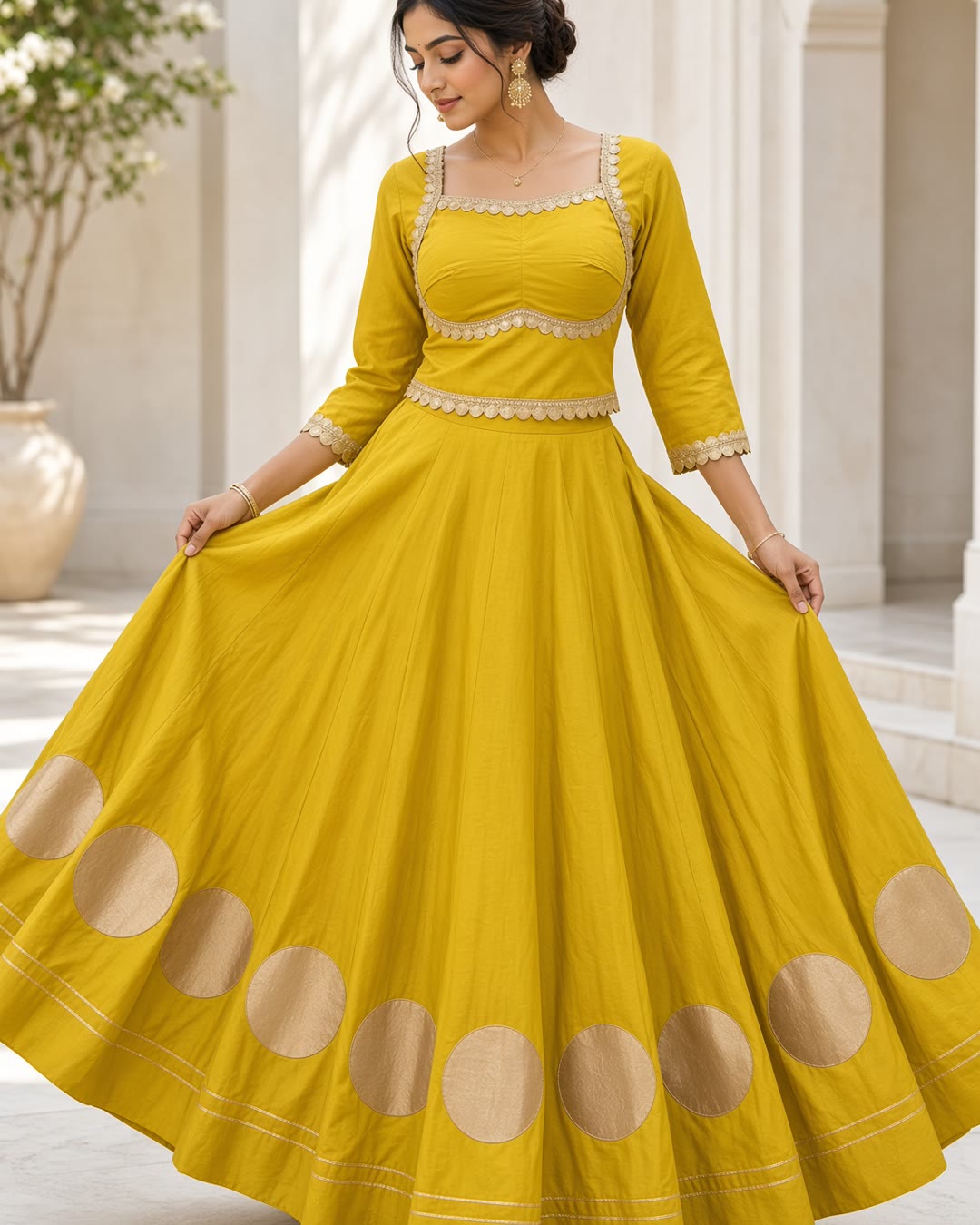 Yellow Lehenga with Gold Circle Appliqué