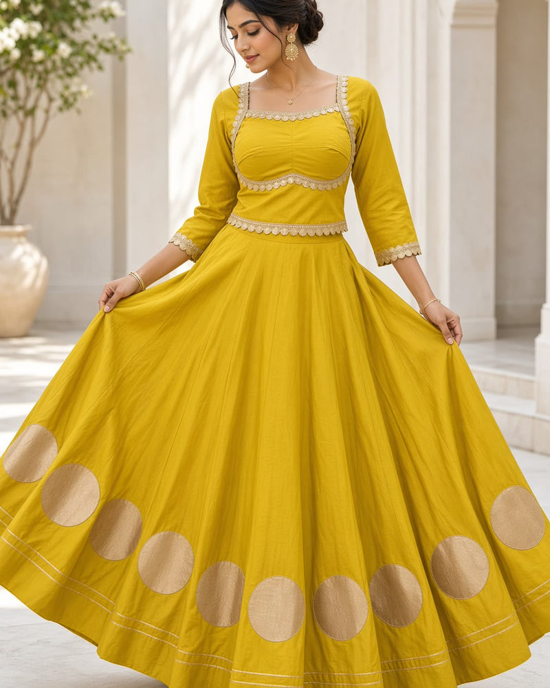Yellow Lehenga with Gold Circle Appliqué