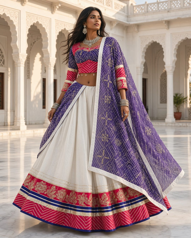 White Lehenga with Purple Bandhani Dupatta