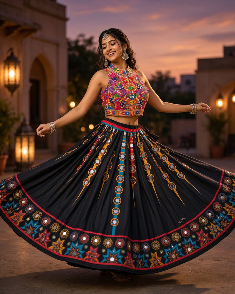 Black Printed Chaniya Choli with Full Embroidered Blouse