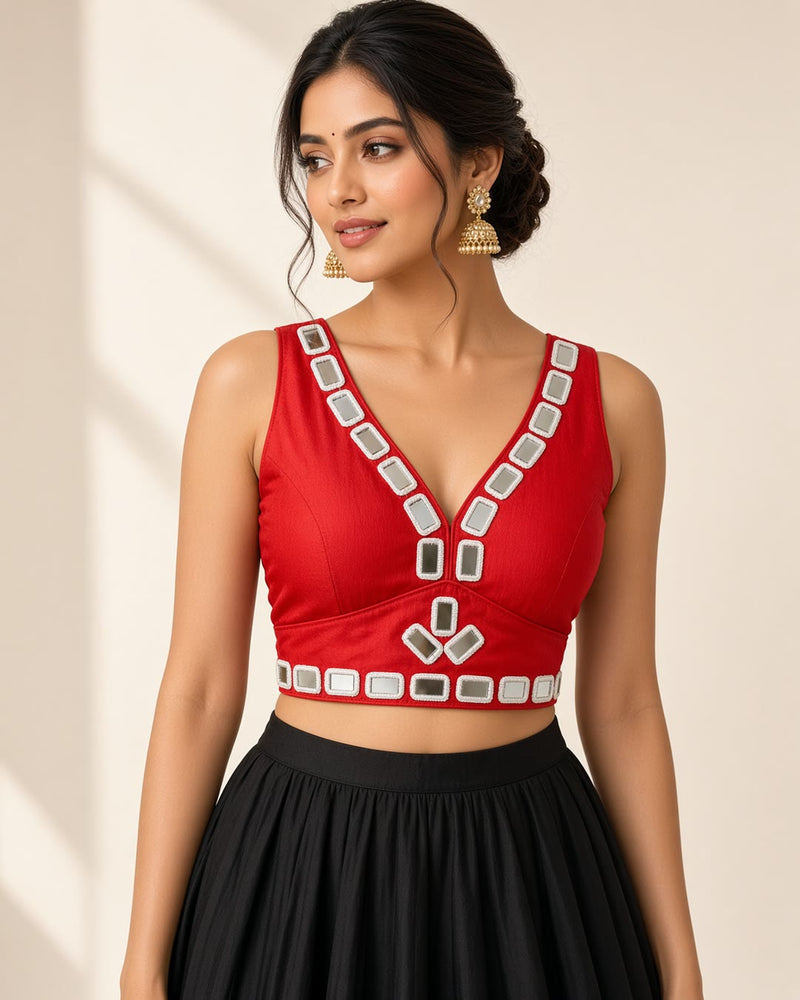 Red Mirror Work Sleeveless Blouse
