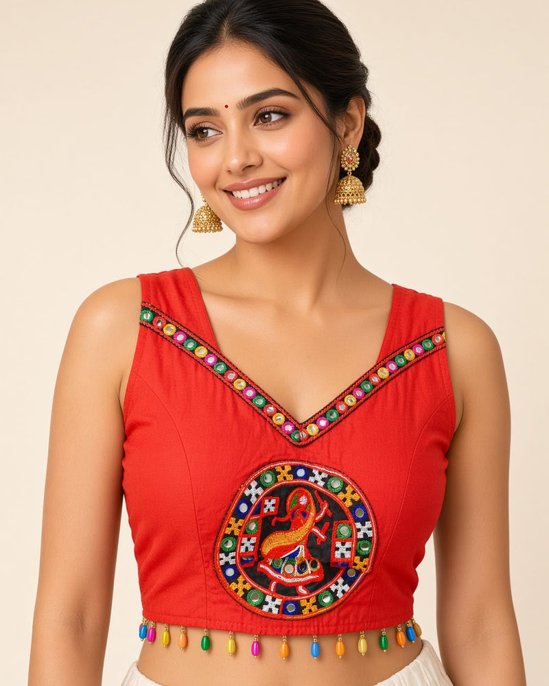 Red Blouse with Thread Embroidery