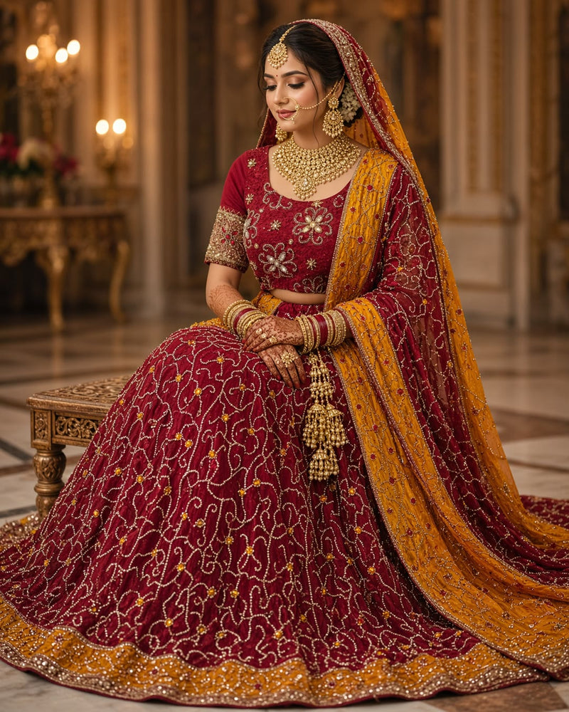 Red Embroidered Lehenga with Mustard Dupatta
