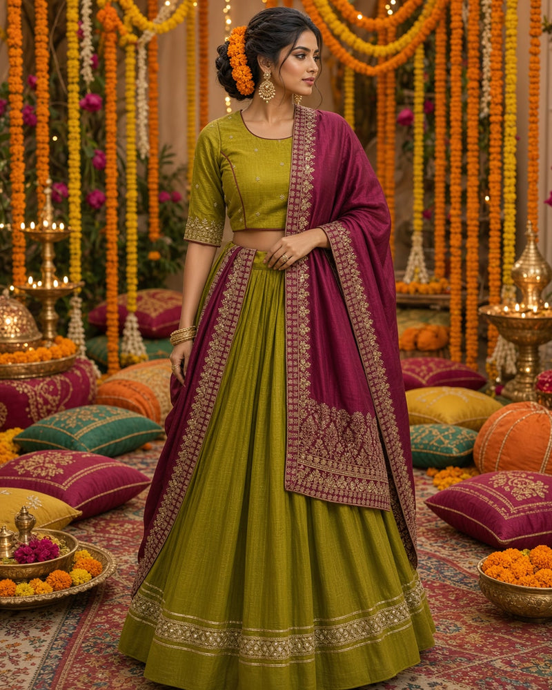 Olive Green Lehenga with Magenta Embroidered Dupatta