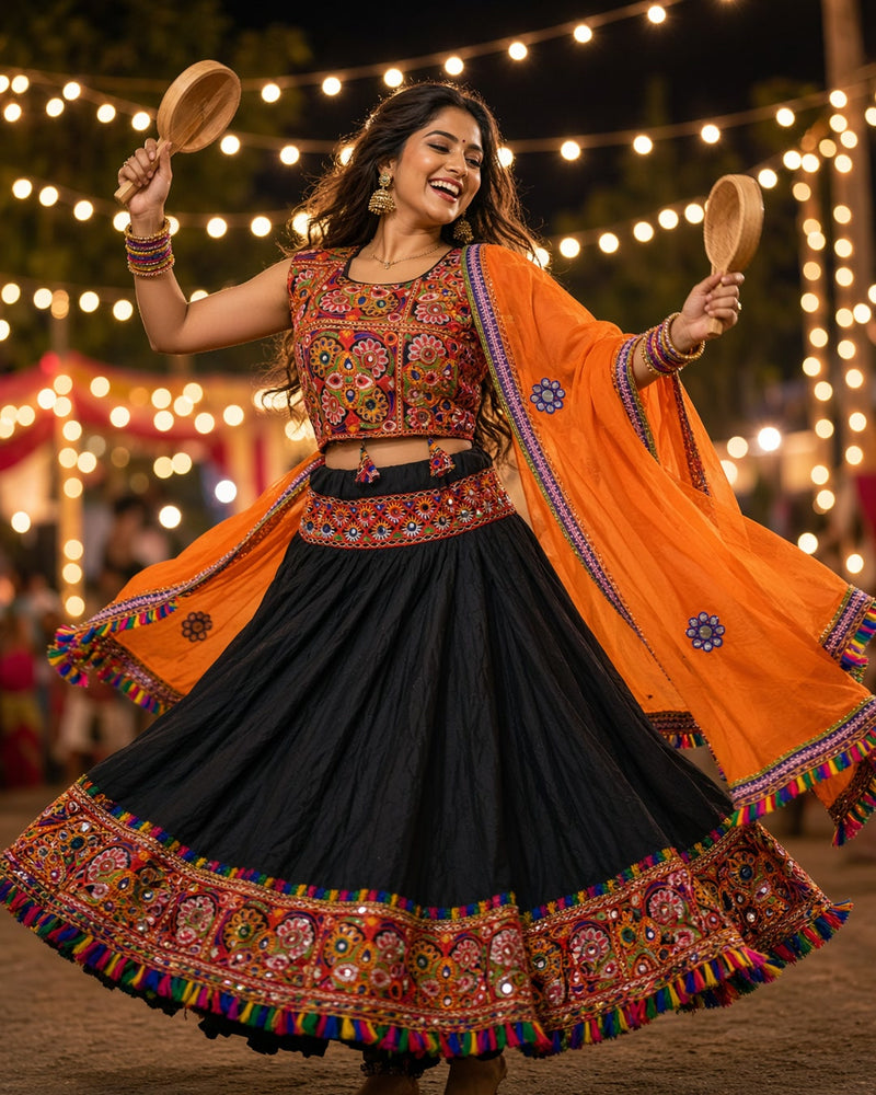 Black Kutch Work Chaniya Choli with Orange Dupatta
