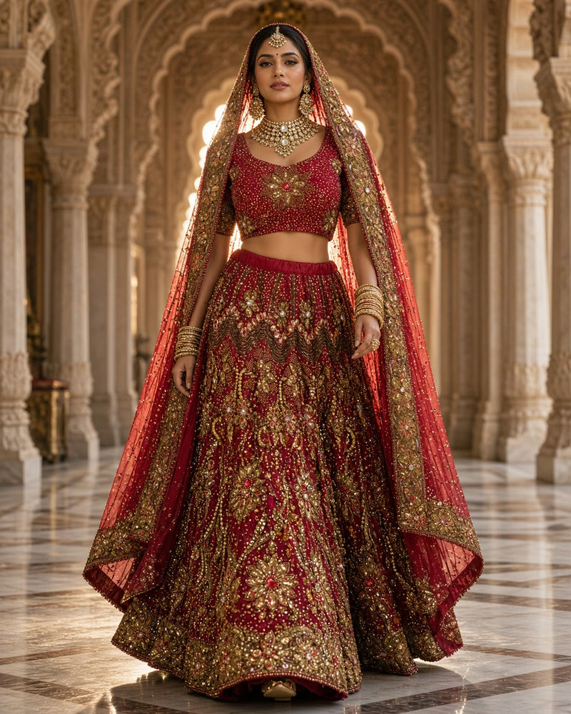 Red Heavy Embroidered Lehenga Set