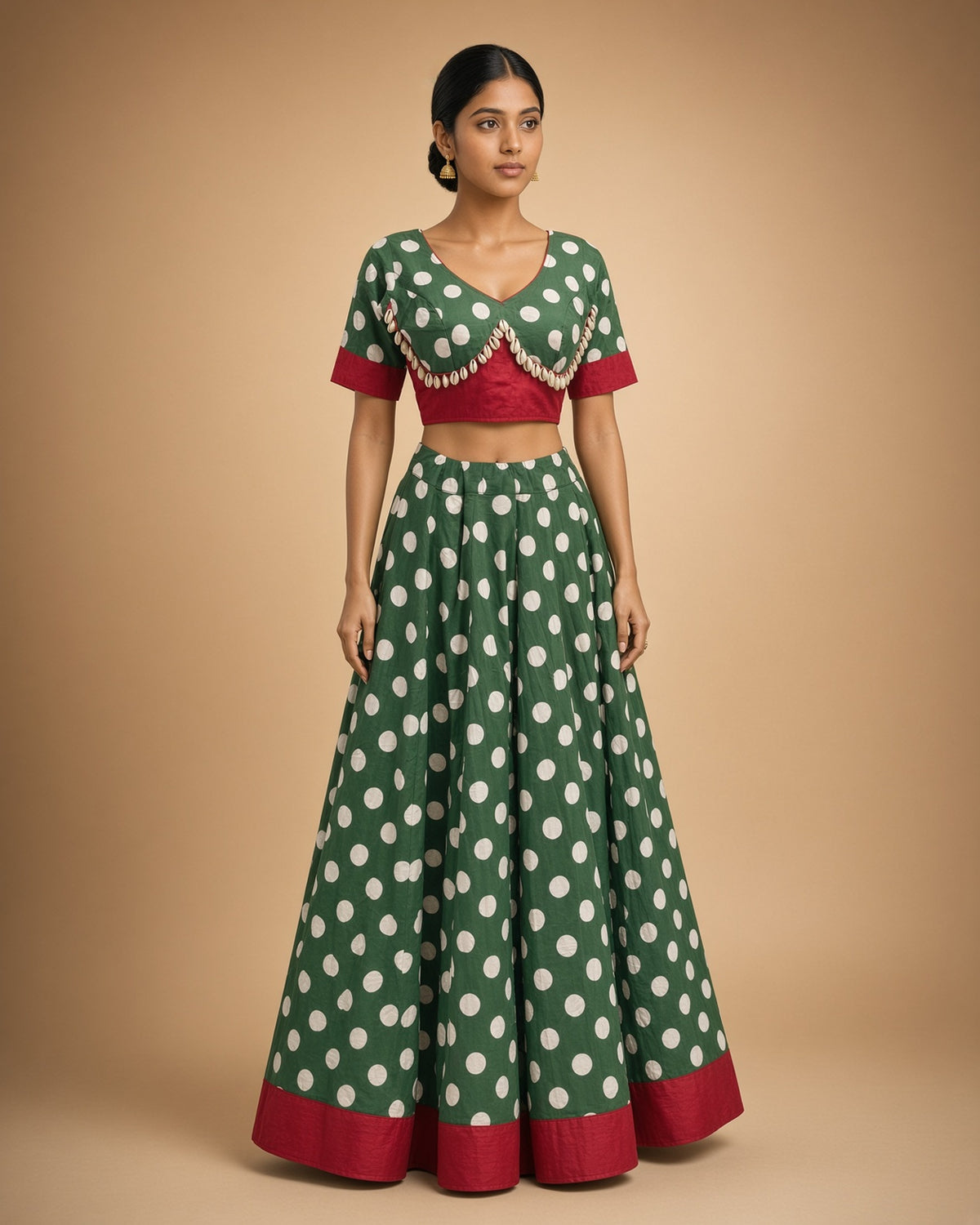 Reversible Green Polka Dot & Red Lehenga Set – complete set, front view on model
