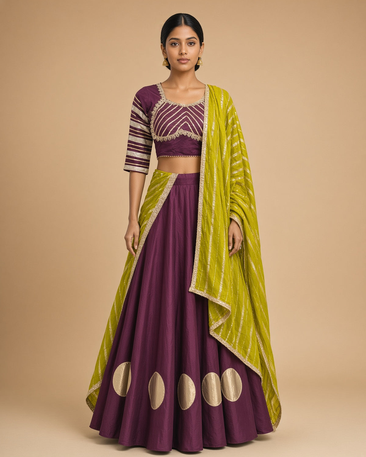 Wine Lehenga with Gold Circles & Lime Dupatta – complete set, front view on model