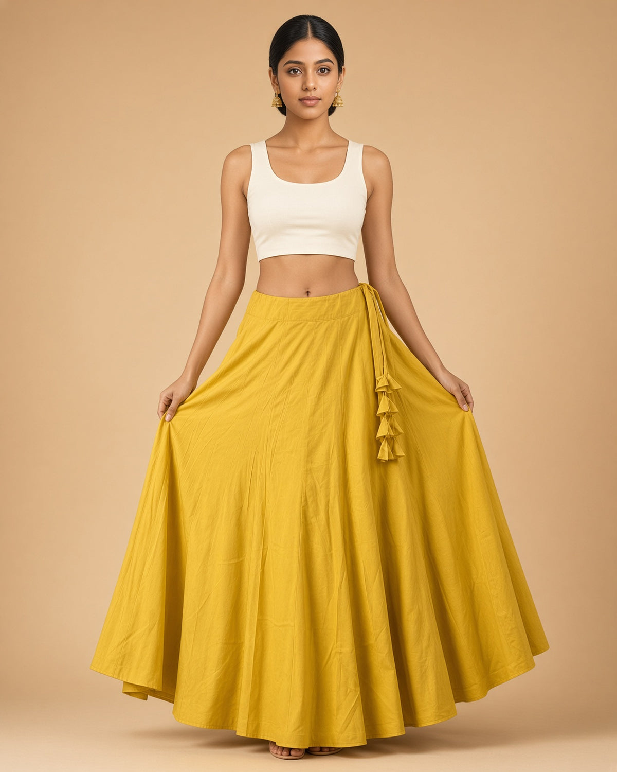 Mustard Yellow Cotton Flared Skirt – full-length front view on model