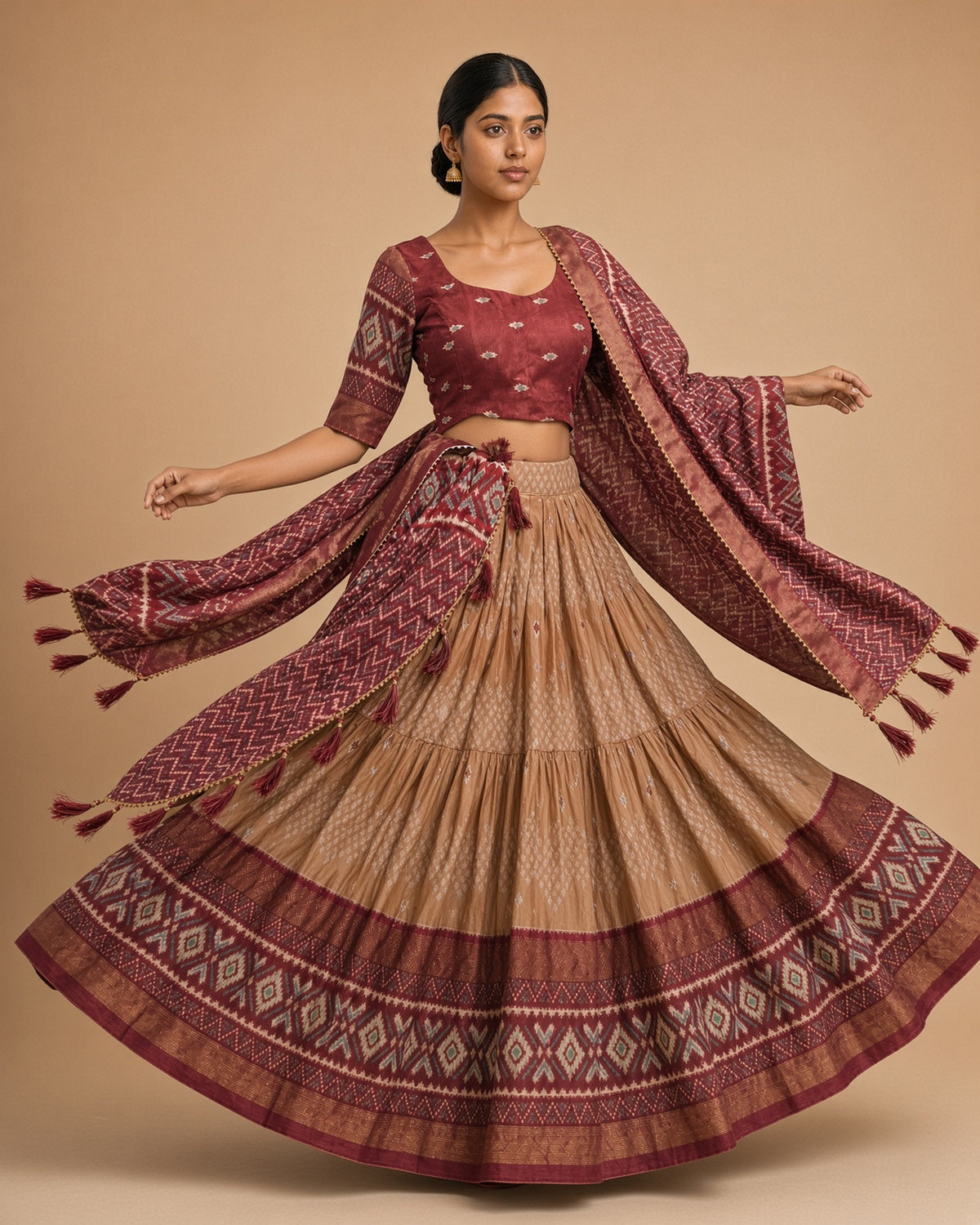 Maroon & Beige Patola Print Lehenga Set – twirl showing full flare